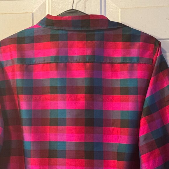 VTG Cactus Flower Sz L Womens Silk Blouse Shirt 3/4 Sleeve Pink/Teal/Black Check - Picture 5 of 9
